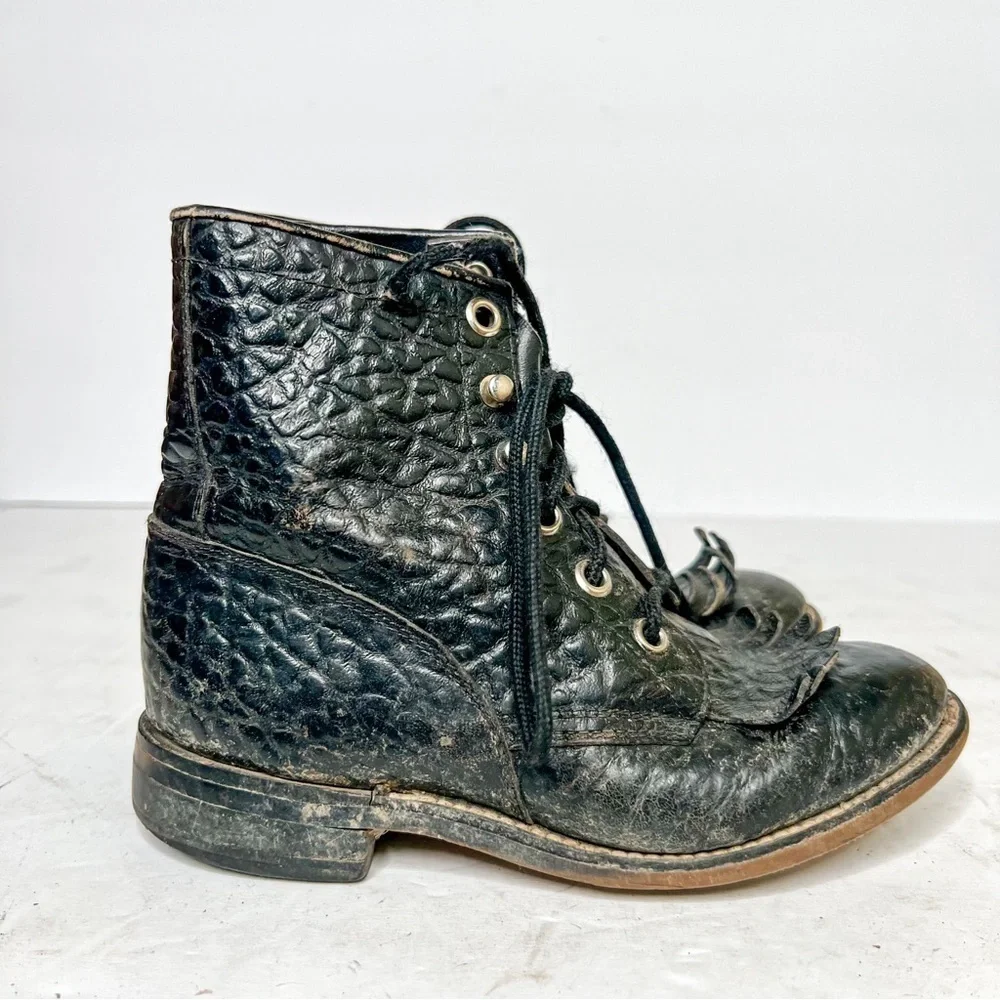 Justin Boots Western Tumbled Bullhide Lace Up Boots Black Size 11.5 Kids